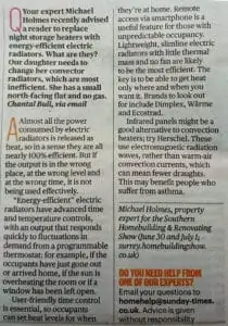 Sunday Times article on energy efficient electric heating, referring to Herschel Infrared 1/4/2018