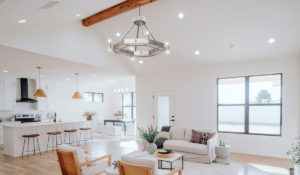 Mini halo argenté avec éclairage et panneaux décoratifs dans un espace de vie ouvert