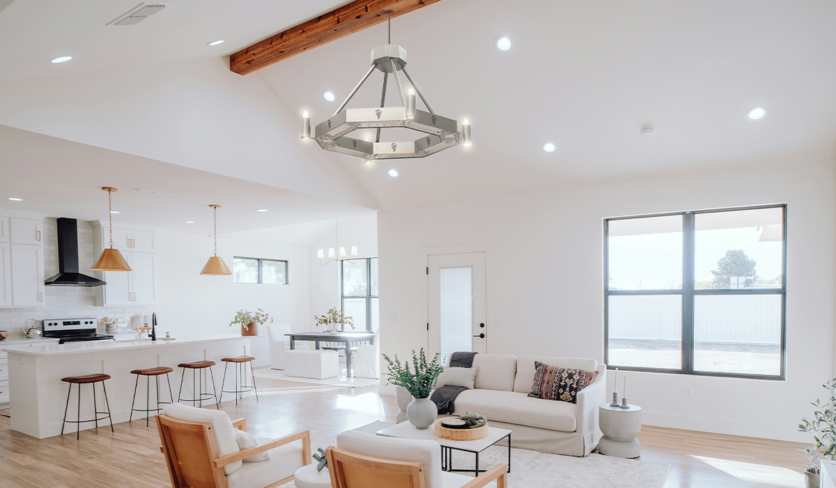 Mini halo argenté avec éclairage et panneaux décoratifs dans un espace de vie ouvert