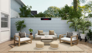 Salon extérieur chauffé avec les radiateurs design Herschel Rio